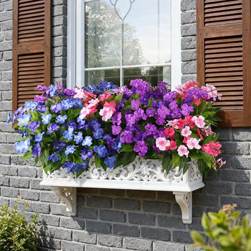 Artificial Impatiens Flowers for Outdoors, 6 Bundles Multicolor Silk Fake Flowers for Spring Summer Decoration, UV Resistant Faux Plants Plastic Bouquet for Home Planter Porch Patio Yard Decor - color: Double-purple,pink,blue