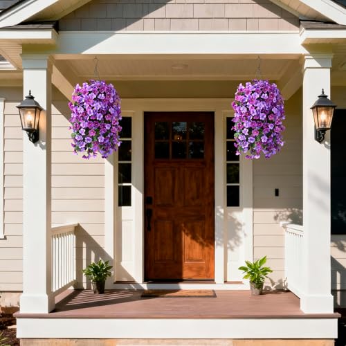 INQCMY Artificial Hanging Flowers Basket for Outdoor Summer Decoration,4pcs Faux Silk Begonia in Planter Look Real UV Resistant for Outside Home Porch Patio Balcony Yard Decor(Orchid Rose Red) - color: Deep Purple Light Purple