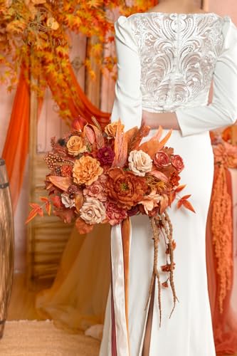 TINGE TIME 13 inch Maple Red Wedding Bouquets for Bride, Bridal Bouquet for Bride, Artificial Silk Rose for Graduation Bouquet, Fake Flowers for Fall Wedding Ceremony and Anniversary - color: Maple Red