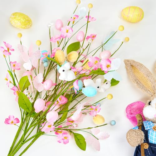4 Pcs Artificial Easter Stems Decorations, Colorful Egg Branches with Glitter Butterflies Decor, Spring Flowers and Bunny for Vase Arrangement Centerpiece Decor