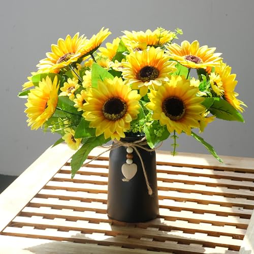 Artificial Sunflower Arrangement in Black Vase - 3 Bunches of Lifelike Sunflowers with Rustic Black Vase for Home Décor, Office, and Special Occasions - color: Black Vase