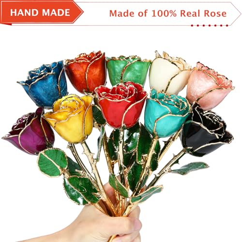 AliveRose Valentines Day Gift for Women Roses, Unique Design Gold Dipped Rose for Anniversary Valentines Mothers Day Birthday Gifts (Purple Handmade with Crystal Vase) - color: A4. Purple Handmade Rose White Crystal Vase