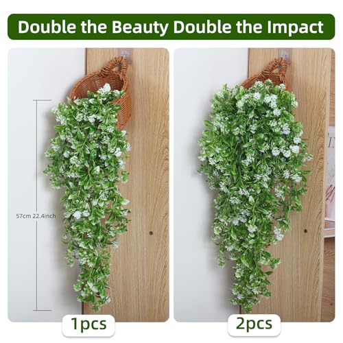 RECUTMS 2Pcs Artificial Hanging Flowers for Outdoors Decoration Fake Hanging Plants Faux White Flowers Artificial UV Resistant Plastic Greenery Vines Ivy for Outdoor Indoor Garden Party Decor（White） - color: White-rose