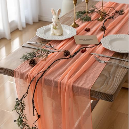 Keketoarrange Fresh Salmon Cheesecloth Table Runner Boho Decor Peach Echo Gauze 120 Inch 10 FT Boho Table Runner for Wedding Baby Shower Bridal Shower Party Sheer Centerpiece Summer Home Decorations - color: Coral Peach, size: 35"x120"(Pack of 1)