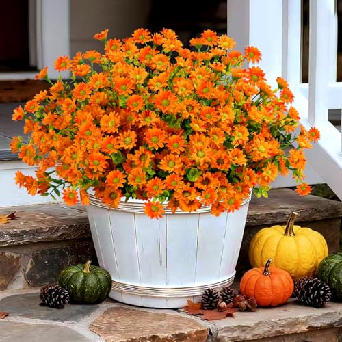 Artificial Mums Fall Fake Flowers for Outdoors, 10 Bundles Faux Mums Autumn Decorations,UV Resistant Silk Flowers Plastic Plants for Outside Front Porch Garden Patio Home Planters Decor (Orange) - color: Orange