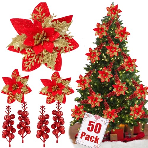 trytuny 50pcs Glitter Poinsettia Christmas Ornaments, Artificial Flowers with Clips Stems for DIY Wreath Making, Holiday Home Party Decorations, Indoor Use (Red) - color: Red