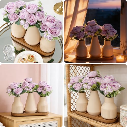 Flower Table Centerpiece - Dining Table Centerpiece Decor Set of 3 Fake Peonies in Ceramic Vases & Wood Tray Modern for Kitchen Island Living Room Coffee Table Home Decor (Light Purple) - color: Light Purple