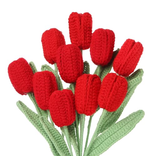 MECCANIXITY Tulip Crochet Flowers, Artificial Knitted Tulip Flower Completed Handmade Tulips Bouquet for Gift Home Birthday Wedding Decoration, Red Pack of 10 - color: Red