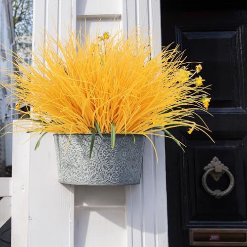 RECUTMS 12Pcs Artificial Grasses Outdoor Plants Tall Grass Spring Fake Grass Plant Plastic Artificial Shrubs for Planters Wedding Indoor Outside Garden Porch Home Office Window Box Decor(Pure Yellow) - color: Pure Yellow Grass