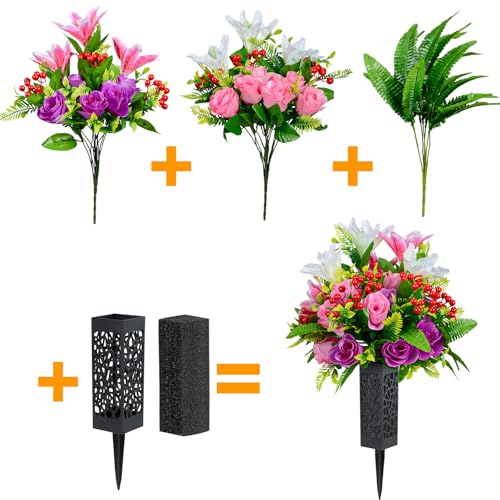 Set of 2 Artificial Cemetery Flowers, Artificial Rose Lily Grave Memorial Flowers with Black Plastic Vase for Cemetery Headstones Gravesite Decoration
