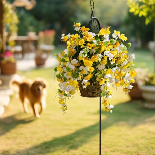 Hibiscus Artificial Hanging Flowers Plants for Outdoors 4 Pcs Fake Flower Faux Silk Hibiscus Long Trailing Vines Realistic Flower for Front Door Porch Patio Balcony Garden Yard (4 Pcs Yellow+White) - color: 4 Pcs Yellow+white