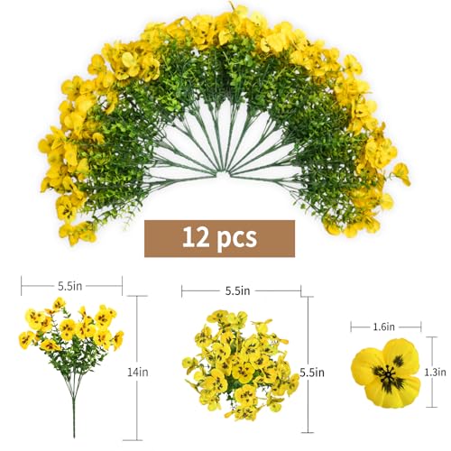 SupBri 12 Bundles Artificial Flowers for Outdoor, UV Resistant Fake Pansy Flowers, Silk Faux Fowers for Outdoor Planters Home Garden Office Patio Front (Yellow) - color: Yellow