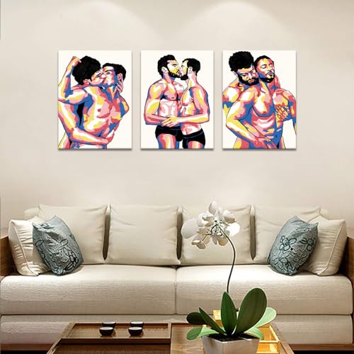 Sexy Men Gay Wall Art Canvas Paintings Colorful Nordic Sexy Home Wall Decoration Poster for Living Room Bedroom Wooden Inner Framed Ready to Hang-12x16 inch x 3pcs - color: Art08, size: 12x16x3pcs