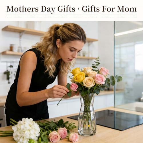 8 inch Clear Glass Flower Vases,Mom Gifts Mothers Day for Wife from Daughter Son,Birthday Gifts for Mom,Centerpiece Table Home Indoor Desk Decor