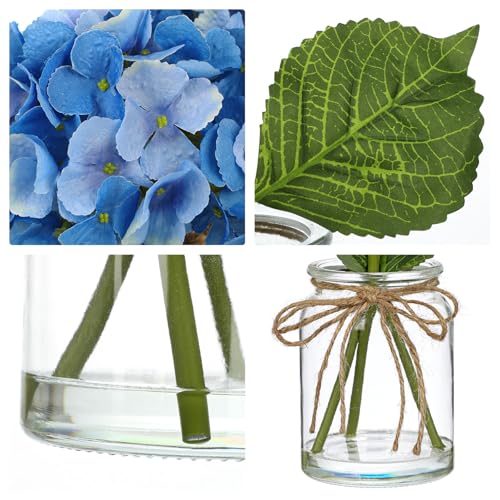 DILATATA Hydrangea Artificial Flowers with Glass Vase, Blue Real Touch Silk Hydrangea Arrangement with Faux Water, Small Faux Floral Centerpiece for Home Decor, Wedding, Bathroom, Shelf, Coffee Table - color: Blue-hydrangea