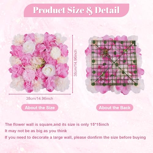 12Pcs Artificial Flower Wall Panel 3D Floral Backdrop Wall 15" X 15" Flower Wall Decor Panel Flower Wall Backdrop Faux Flower Panel for Party Home Background Decor, Pink - color: Pink