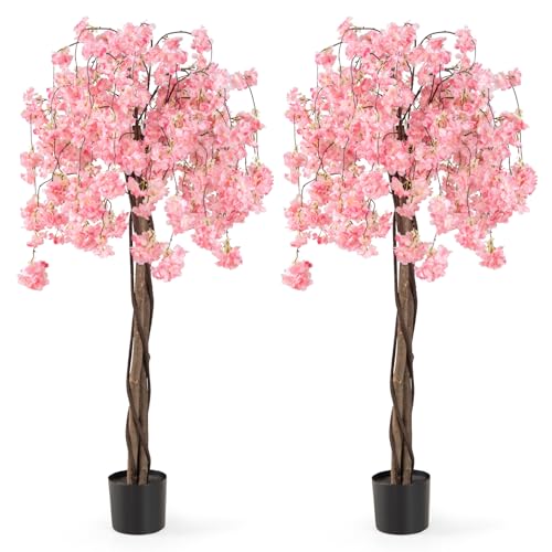 Goplus 5.5FT Artificial Cherry Blossom Tree, 2 Pack Pink Fake Flower Tree, Faux Floral Plant Blooming Tree in Nursery Pot, Tall Potted Artificial Tree for Indoor Home Office Porch Decoration - color: Pink, size: 2 Pack