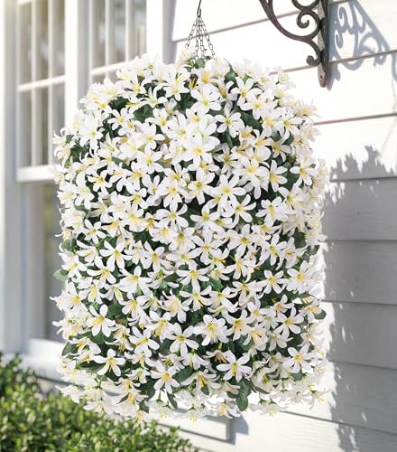 Hoppwodd Artificial Flower for Outdoors 4pcs Fake Lily Hanging Flower Baskets for Outside UV Resistant Silk Faux Long Trailing Vines for Garden Porch Patio, White - color: White
