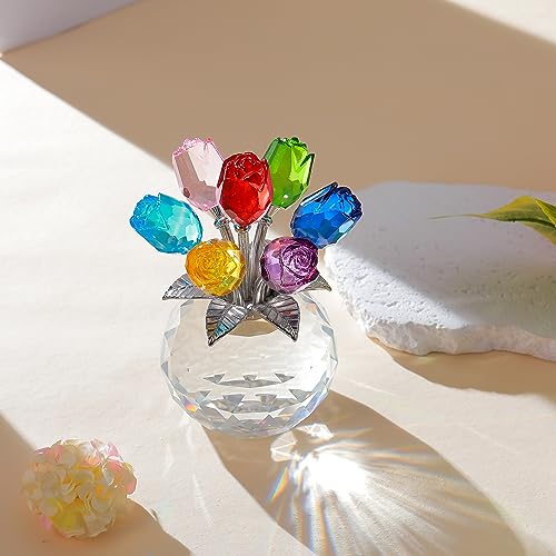 Colorful Rose Flower Crystal Figurine with Vase, Bouquet Flowers Ornament Gifts for Wife Girlfriend Women, Handmade Crystal Flower Collectible Home Table Decor for Valentine's Day Wedding Anniversary - color: Colorful-crystal Rose