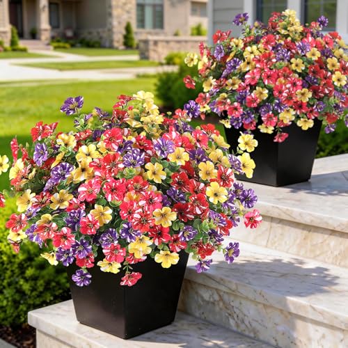 GLIDLION 12 Bundles Artificial Morning Glory & Eucalyptus for Outdoor, Realistic Fake Silk Flower UV Resistant Faux Plant for Front Door Patio Garden Farmhouse Decor (Mixed Color) - color: Mixed Color