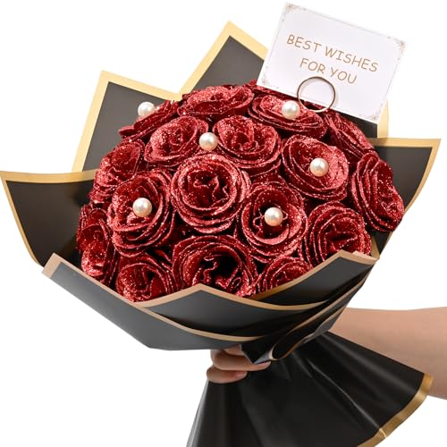 Waipfaru Red Glitter Roses Bouquet, DIY Fake Flowers Bouquet, Everlasting Shiny Artificial Rose Bouquet for Valentines, Anniversary, Engagement, Wedding, 24 Roses - color: Red, size: 24pcs