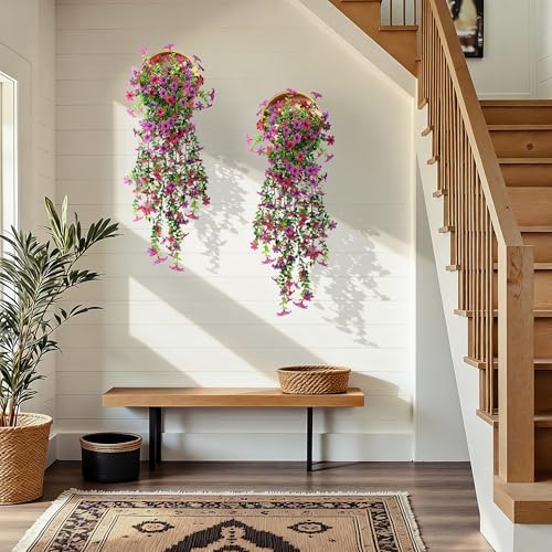 QCQHDU Artificial Hanging Flowers for Outdoors,2Pcs Fake Hanging Plants 29.5 Inch Long for Spring Summer Decoration,UV Resistant Faux Flowers for Patio Porch Garden Yard Decor, Light Purple Red - color: Light Purple Red