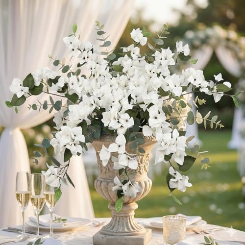 Faux Bougainvillea 8 PCS Realistic White Artificial Bougainvillea Silk Flowers 29.9" Long Stem Flowers for Tall Vase Home Wedding Centerepieces Decor (White) - color: White