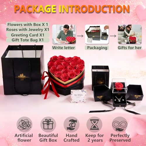 Artificial Forever Preserved Flowers Box & Preserved Roses with Necklace Ring Earrings,Gifts for Mom Grandma Women Girlfriend Wife on Birthday Mothers Day Valentines Christmas Anniversary Wedding