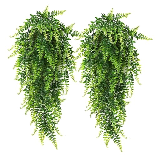 RECUTMS Hanging Artificial Plants 4Pcs UV Resistant Fake Boston Fern Realistic Faux Greenery Plastic Ivy Vines for Wall Home Room Garden Wedding Party Garland Outside Decoration(Green) - color: Green