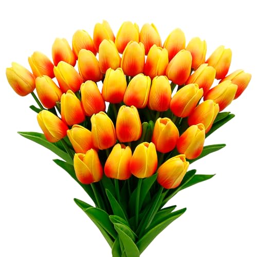 36 Pcs Tulips Artificial Flowers, 13 Inches Real Touch PU Fake Tulips for Wedding Bouquets, Home Decor - color: Orange