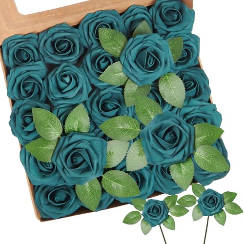 Artificial Flowers, 100pcs Artificial Rose for DIY Wedding Bouquets Centerpieces Arrangements, Dark Teal Fake Rose with Stems for Birthday Bridal Shower Graduation Events Decoration - color: Dark Teal, size: 100pcs