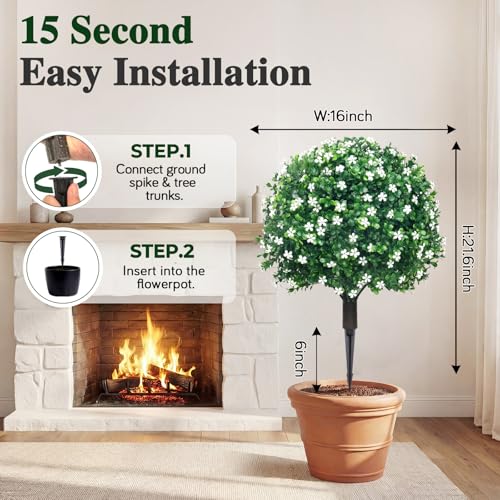 PATIO CHOICE Topiary Trees Artificial Outdoor Boxwood Ball Trees with Ground Spike Set of 2 22" Fake Outdoor Plants Faux Bushes and Shrubs Decorations for Outdoor Indoor Front Porch Garden - color: White, size: 22in