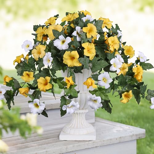 HyeFlora Artificial Flowers for Outdoors 2PCS Faux Petunias Silk Fake Flowers for Outside Planter UV Resistant Realistic Home Garden Porch Decor (Yellow) - color: Yellow