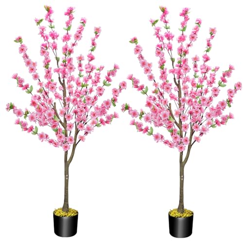 HUAESIN 4.4Ft 2 Pack Artificial Cherry Blossom Tree Tall Fake Plant Tree Pink Sakura Flower Tree Faux Potted Silk Plant for Spring Home Room Porch Office Wedding Indoor Outdoor Decorations - color: Pink 2pcs