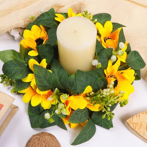 Sunflower Candle Ring Mini Summer Wreath Artificial Flower Pillar Holder 10" for Table Centerpieces Home Garland Farmhouse Wedding Rustic Party Decoration - color: Sunflower