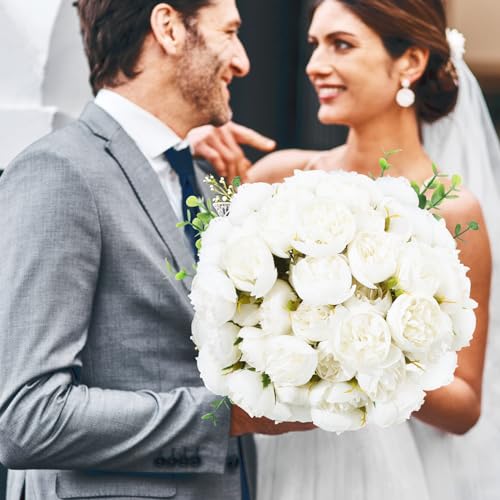 XunYee 85 Pcs White Artificial Peonies Faux Silk Flowers Bulk for Vase Spring Vintage Faux Peony Bouquet Florals Stems Arrangements for Wedding Table Centerpiece Farmhouse Birthday Vase Filler - color: White