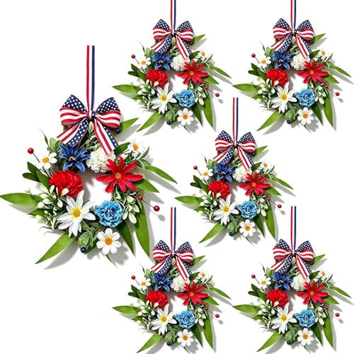 6 Pcs Small 4th of July Hanging Wreaths for Cabinets with Red Carnations Daisy Blooms Artificial Mini Independence Day Candle Ring Wreath with White Chrysanthemums for Front Door Window Porch Wall - color: Patriotic-10