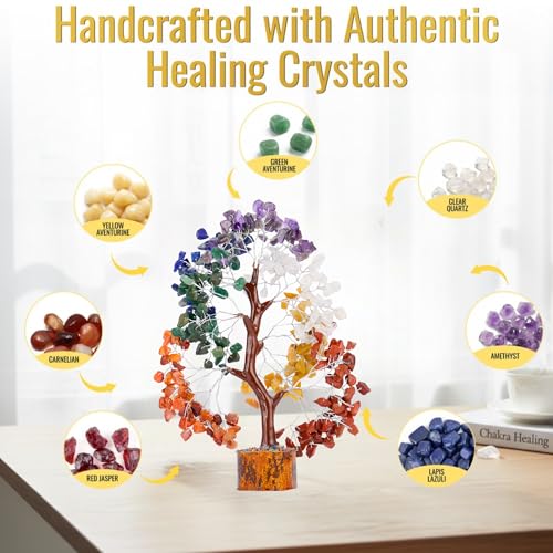 7 Chakra Crystal Tree of Life 10-12 Inch | 300 Natural Gemstone Beads | Healing Crystal Tree with Chakra Bracelet & Pendant | Money Tree, Positive Energy, Good Luck | Birthday Gift for Women - color: Seven Chakra Silver Wire Set (300 Beads)