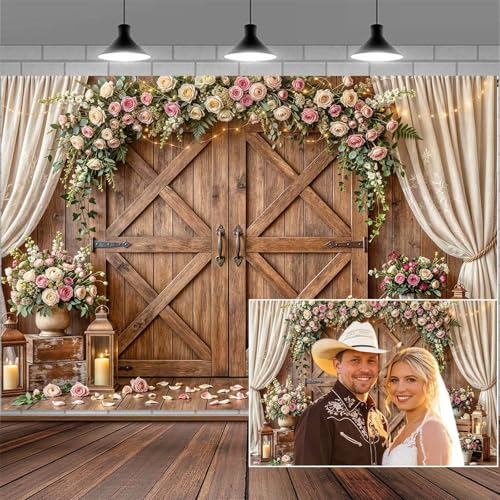5x3ft Wedding Backdrop Rustic Floral Flower Wooden Wall Backdrop Bridal Baby Shower Ceremony Photography Background Shabby Chic Countryside Western Anniversary Wedding Party Birthday Photo Prop - color: Multi91, size: 5X3FT