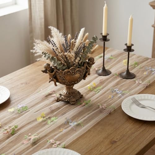 White Floral Table Runner 10ft Embroidery Tulle Spring Wildflower Table Runner Seasonal Summer Butterfly Kitchen Dining Gauze Decoration for Baby Shower Wedding Party Birthday (1 Pcs) - color: White
