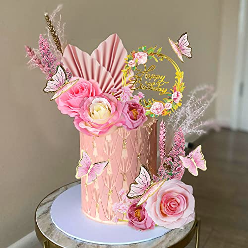 17 PCS Flower Cake Toppers Boho Cake Toppers Butterfly Cake Decorations with Light Artificial Roses Eucalyptus for Wedding Birthday Supplies (Light Pink) - style: Light Pink