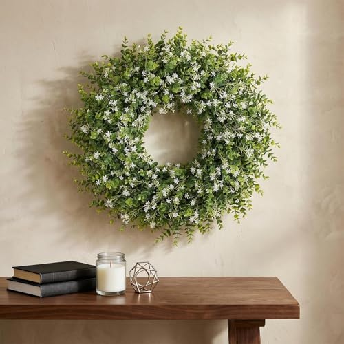 26" Artificial Eucalyptus Wreath with Baby's Breath for Front Door - Fake Eucalyptus Wreath, Spring Summer Faux Flowers Wreath for Porch, Farmhouse, Wall, Window, Home Decor (White-Green)