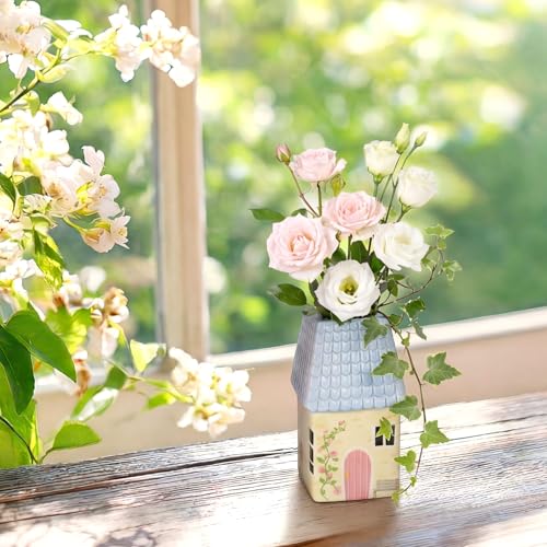 Remerry Ceramic House Shape Vase 2.4 x 3.8 Inch Mini Handmade Vase Decorative Small Flower Container for Living Room Bedroom Farmhouse Home Table Decor Cute Birthday Gift(Blue) - color: Blue