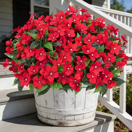 Ouddy Decor 6 Bundles Artificial Flowers for Outdoors Decorations, Fake Silk Flowers Faux Plants Plastic Bouquet UV Resistant for Porch Garden Wedding Spring Summer Indoor Outside Home Decor, Red - color: Red