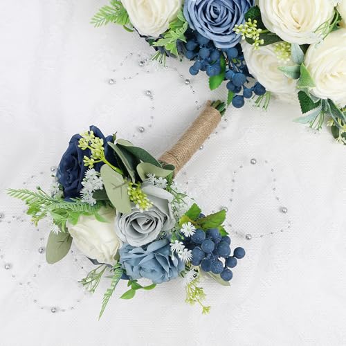 Bridesmaid Bouquets for Wedding - 7 Inch Artificial Flowers Bouquets for Ceremony Anniversary Centerpieces Decorations - Navy Blue and White - color: Navy Blue & White, size: Set of 1 Bridesmaid Bouquets