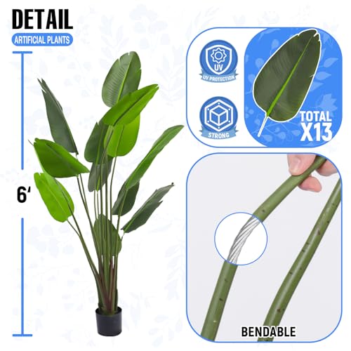 E&K 6FT Artificial Bird of Paradise Plant with Plastic Nursery Pot, Fake Banana Tree Artificial Plant Faux Palm Trees for Home Office Garden Indoor Outdoor Decor (1 Pack) - color: Bird of Paradise, size: 6ft