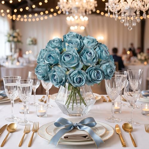 Ivydale 18pcs Blue Roses Artificial Flowers, Fake Roses Silk Flowers with Stems Realistic Bouquet for Mother's Day Wedding Party Home Decoration DIY Centerpiece Floral Romantic Gifts - color: Rose-blue