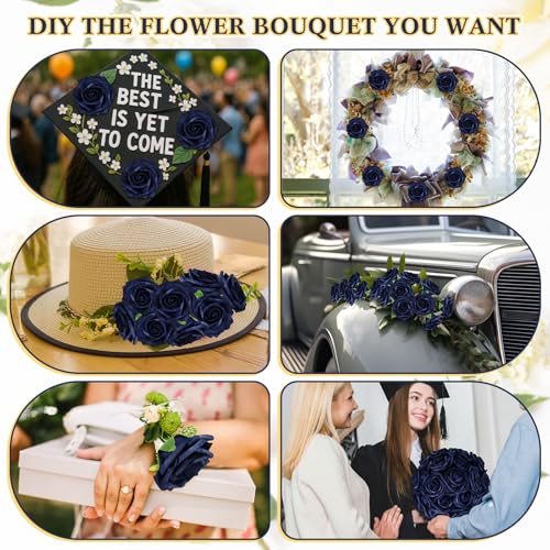 Tigeen 200 Pack Navy Blue Artificial Roses Flowers Bulk with Stems Artificial Foam Rose Real Looking Fake Flower for DIY Wedding Bouquets Bridal Shower Centerpieces Floral Arrangements Home Decoration - color: Navy Blue