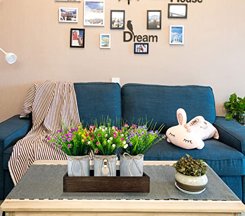 CALAVAK Decorative Centerpiece Wooden Tray with 3 Metal Potted Artificial Babys Breath Gypsophila Plant Flowers Rustic Country Farmhouse Décor for Dining Room, Living Room and Kitchen Table - style: Milan Plants