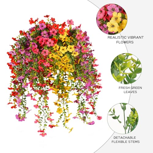Artificial Hanging Flowers for Outdoor Decor, 6 Bundles UV Resistant Faux Silk Flowers, Fake Hanging Plants for Porch Patio Yard Planter Indoor Home Decoration(Fuchsia, Red, Purple, Yellow) - color: 4 Multicolor
